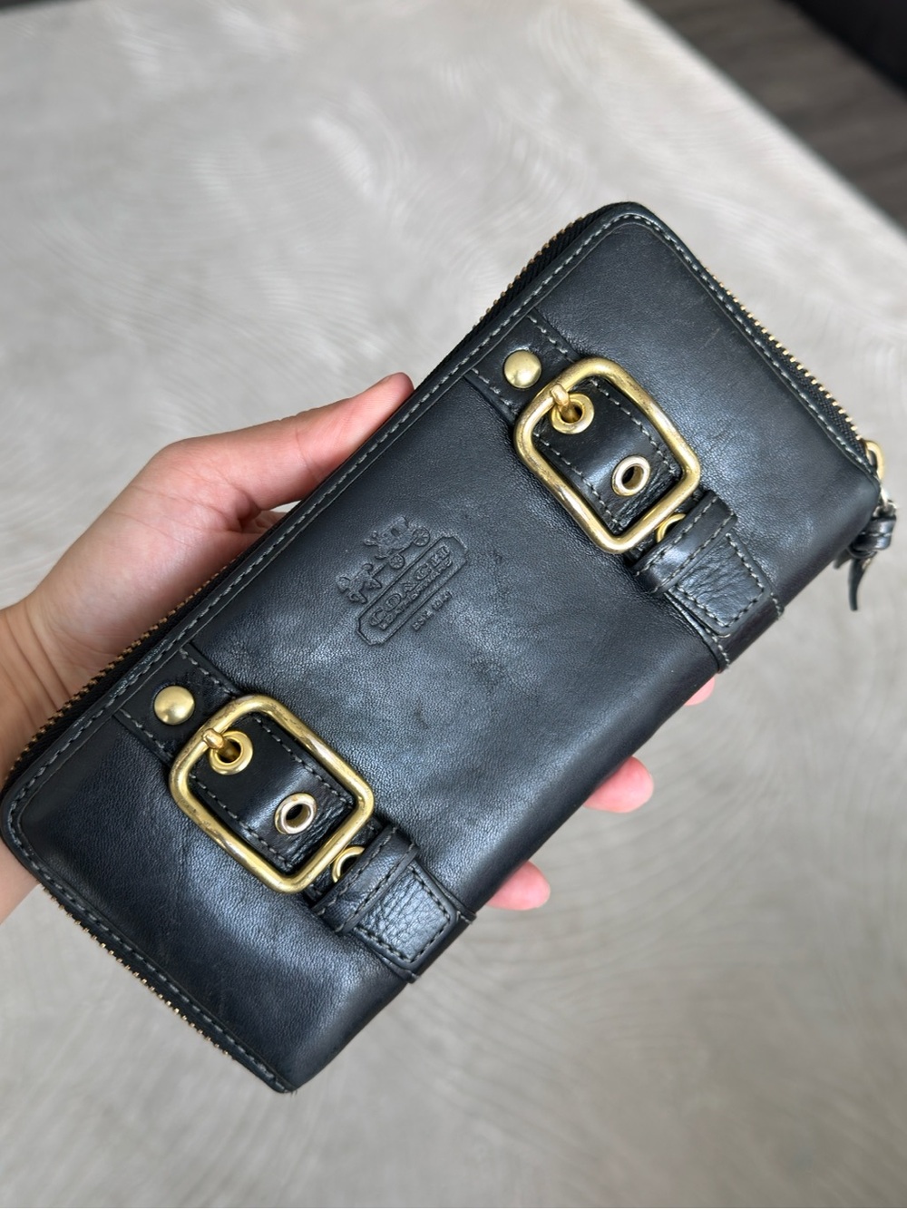 Coach Black Leather Zip-Around Wallet with Gold Buckles